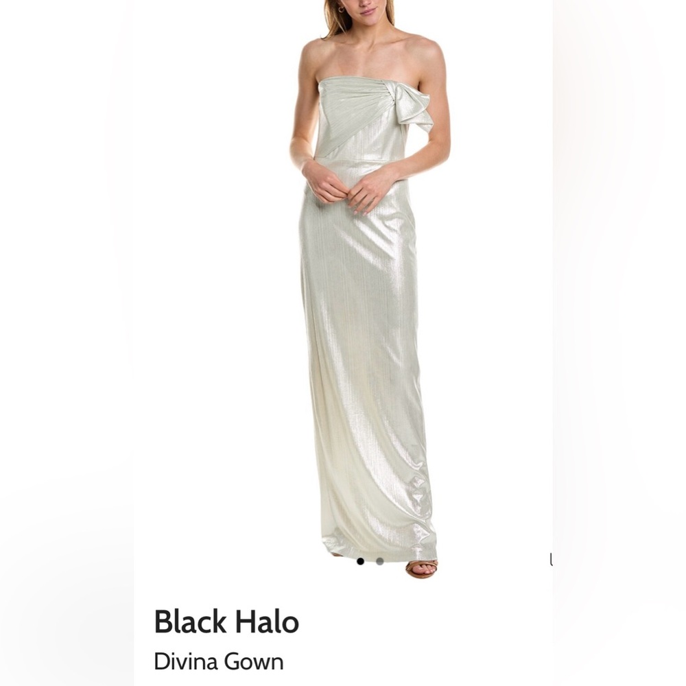 Black Halo NWT Strapless Formal Prom Gown in Champagne Silver Metallic